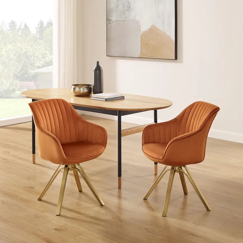 Art Leon Set of 2 Velvet Swivel Dining Chair with Golden Legs