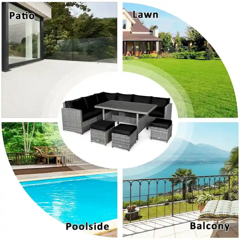 7 Pcs All-Weather Patio Rattan Dining Furniture Sectional Sofa Set with Wicker Ottoman and Cushed Couch