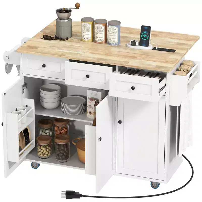 Rolling Kitchen Island with Charging Station, Drop Leaf & 3 Drawers