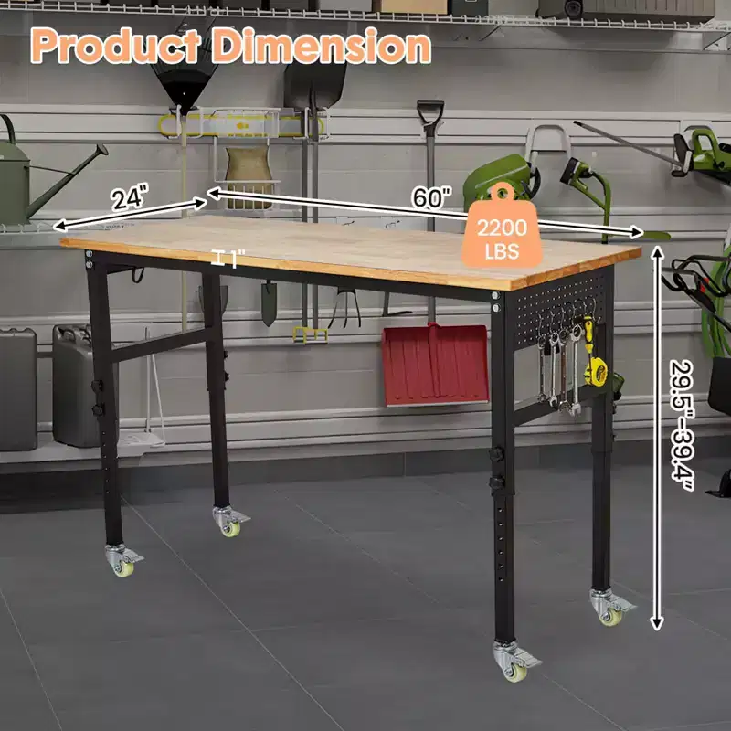 Workbench, 48 Adjustable Heavy Duty Table 2000 Lb Capacity with Scale - Rubber Wood Steel Frame for Garage Auto Repair