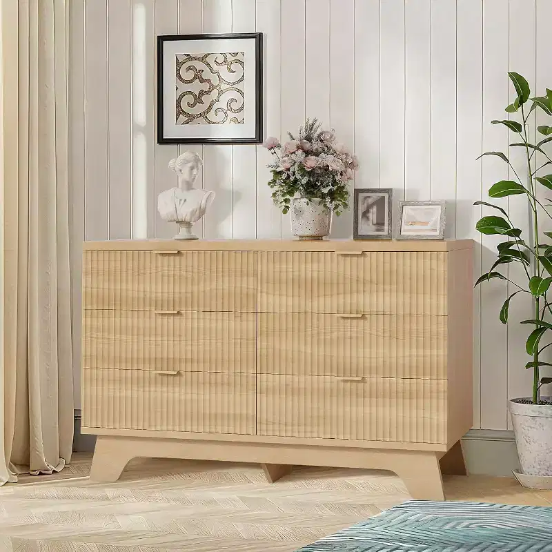 6-Drawer Fluted Dresser, Natural Oak Curved Storage Cabinet for Bedroom & Living Room