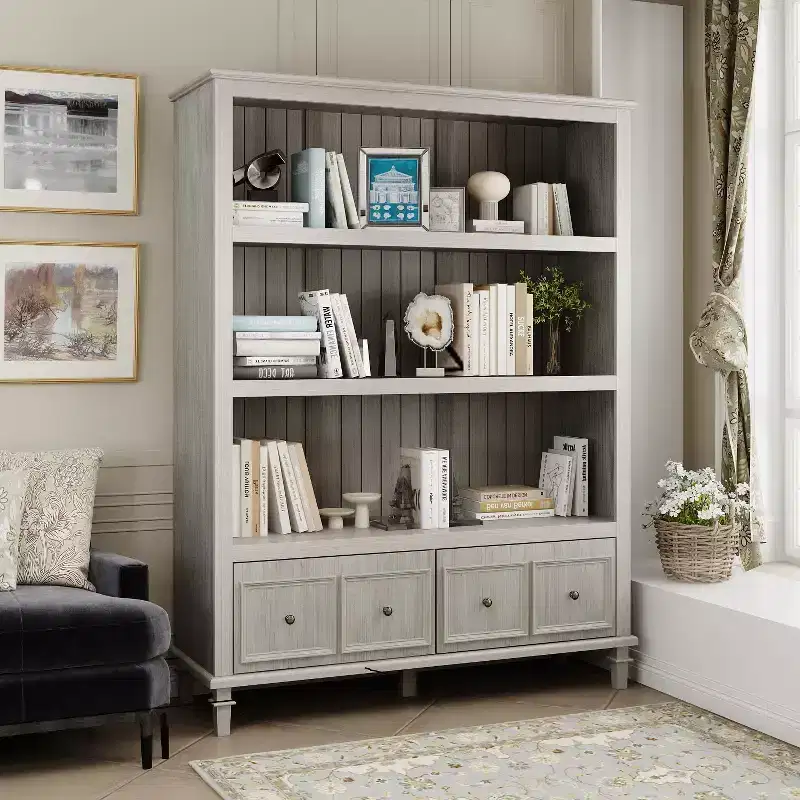 Light Gray Vintage Display Cabinet with Decorative Legs,Retro Bookcase with 3 Open Shelves+4 Drawers,Home Office Storage Hub