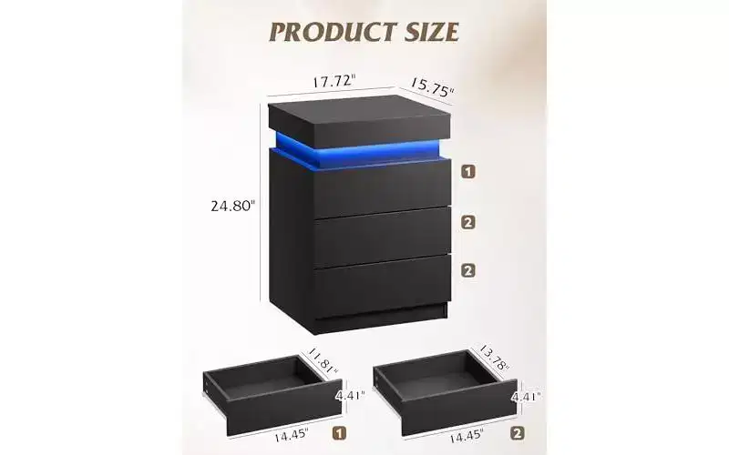 Nightstand with Charging Station & LED Lights, 3 Drawers and Sliding Top