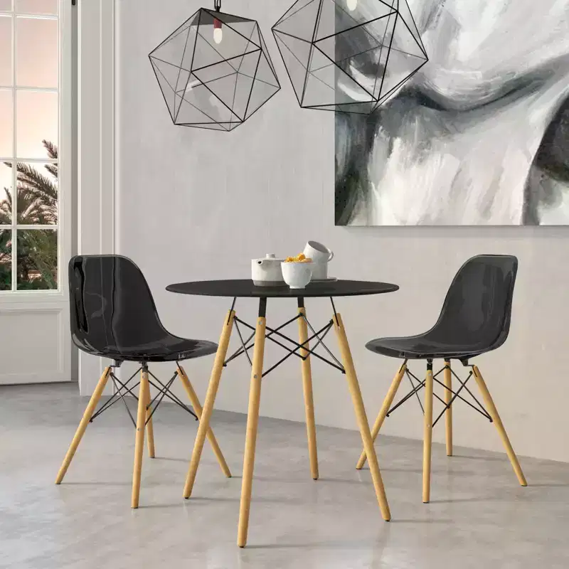 LeisureMod Dover 3-Piece Dining Set  Round Black MDF Bistro Table with 2 Plastic Chairs, Modern Kitchen, Dining Room, Small Space, Cafe Seating