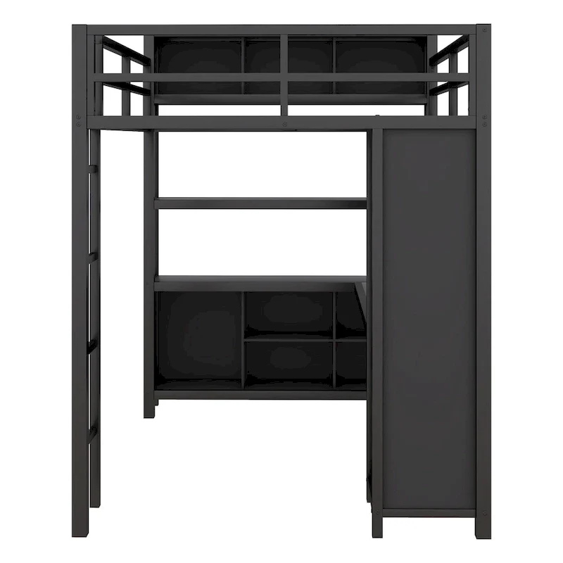 Metal Loft Bed with Wardrobe And L-shaped Desk