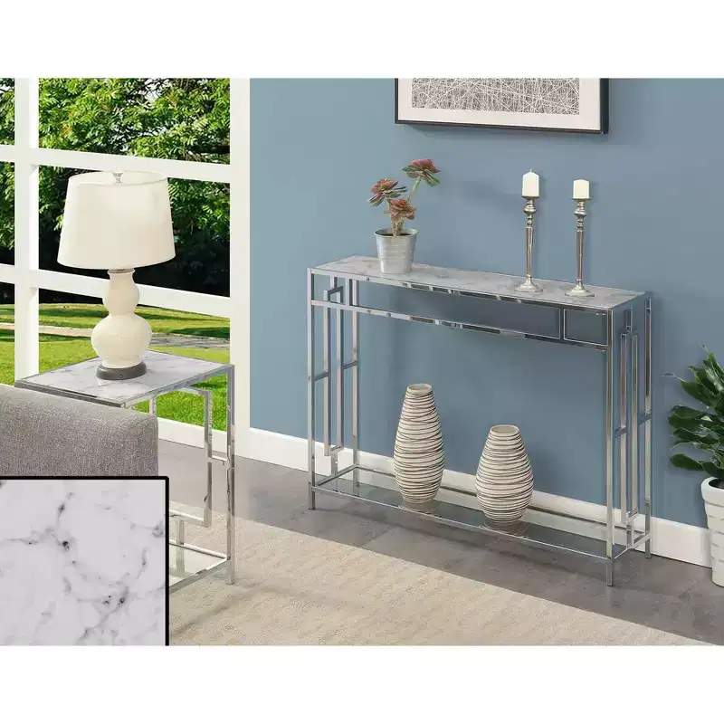 Chrome Console Table with Shelf, White Faux Marble/Chrome Frame