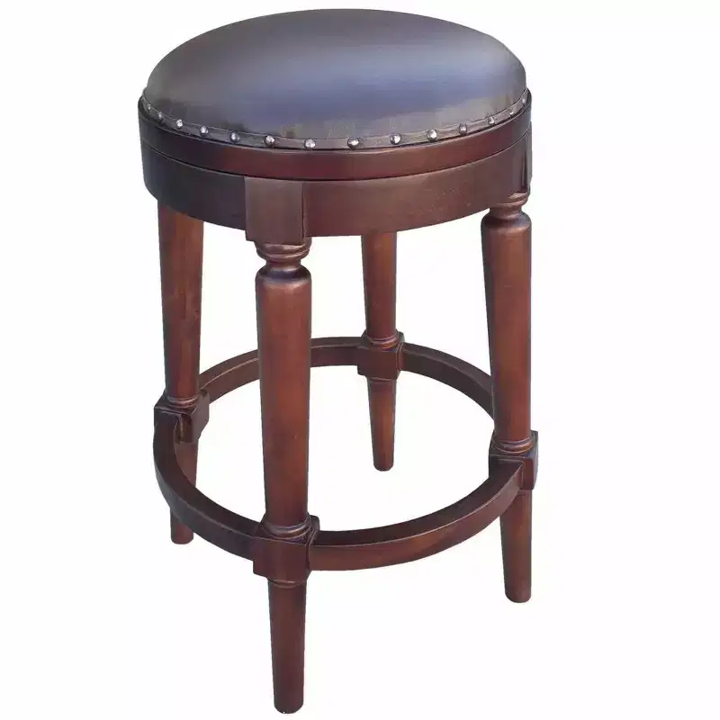 Round Counter Stool, Solid Mahogany Wood with Faux Leather Seat