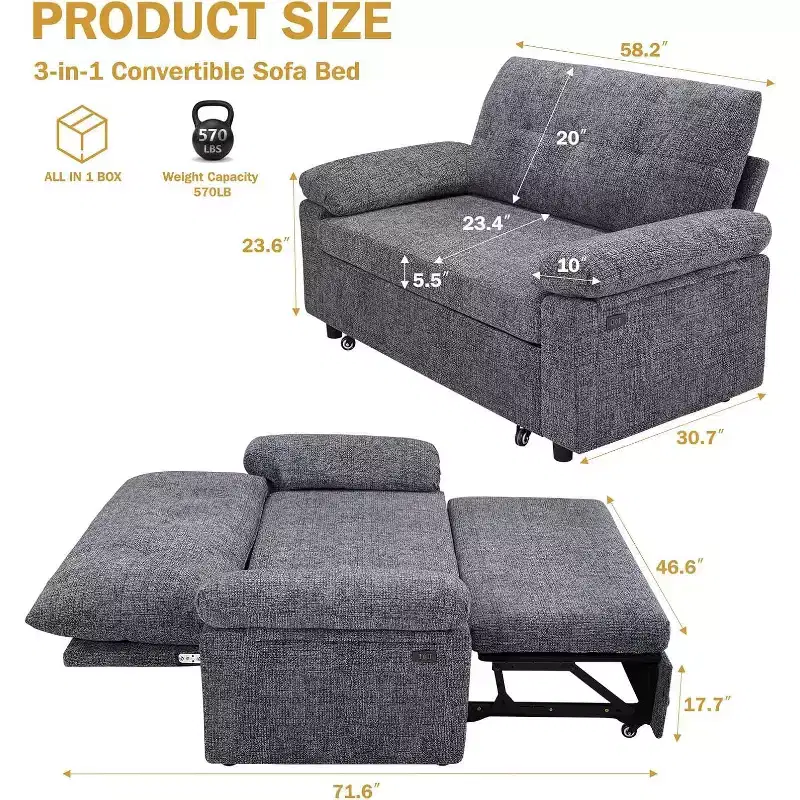 Dyonery 3-in-1 Convertible Sofa Bed, Pull Out Sleeper Sofa with USB Charging Station & Adjustable Backrest