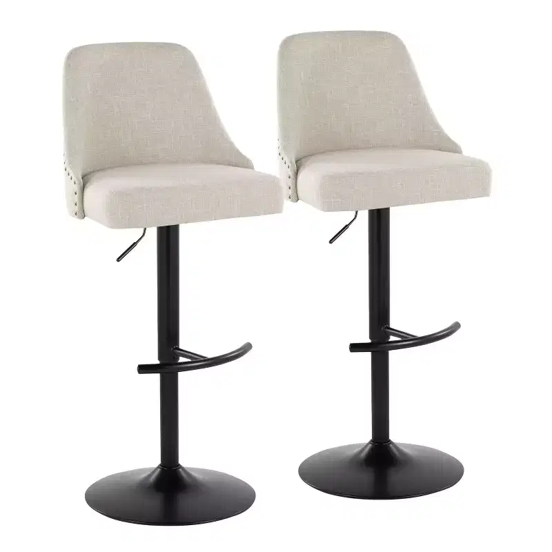 LumiSource Set of 2 Studded Marcel Barstools Black Metal/Cream Fabric/Brass Metal