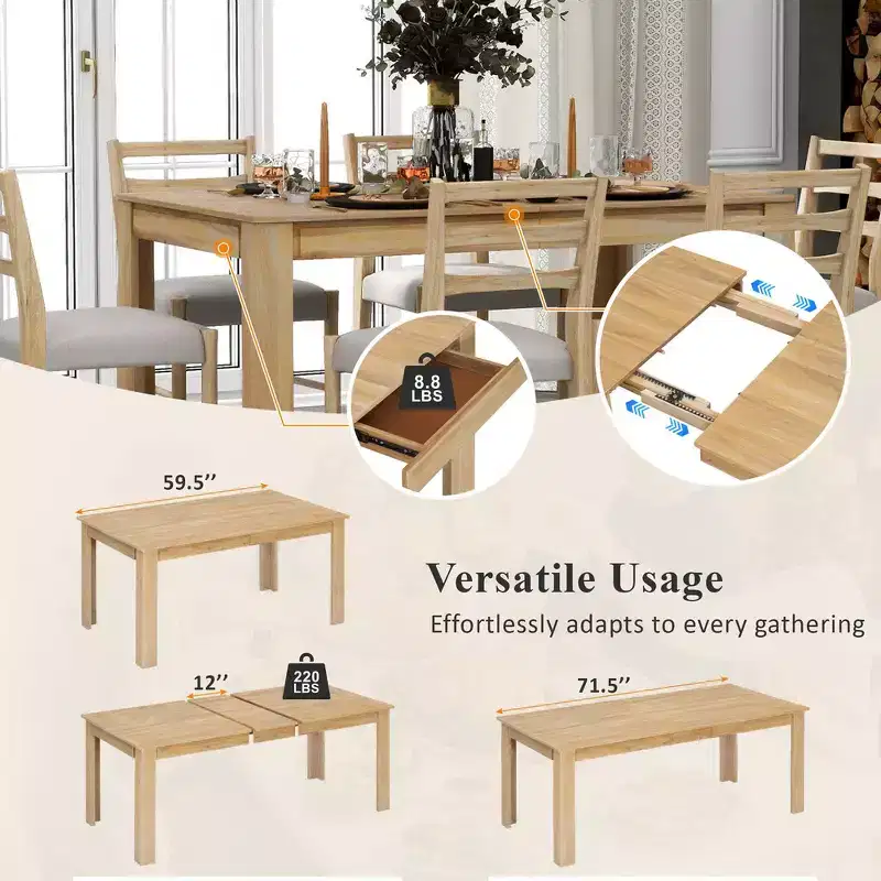 Whisen 7-Piece Wooden Dining Table Set Mutifunctional Extendable Table,12 Leaf and 2 Drawers, 6 Dining Chairs