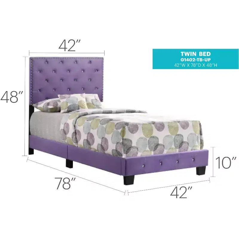 Purple Upholstered Panel Bed, Twin/Full, 1-Person