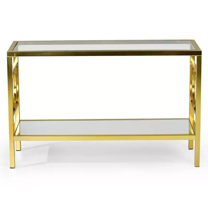 Glass and Chrome Sofa Table, Gold Finish, Mirrored Base, Circular Side Design, No Tools Assembly