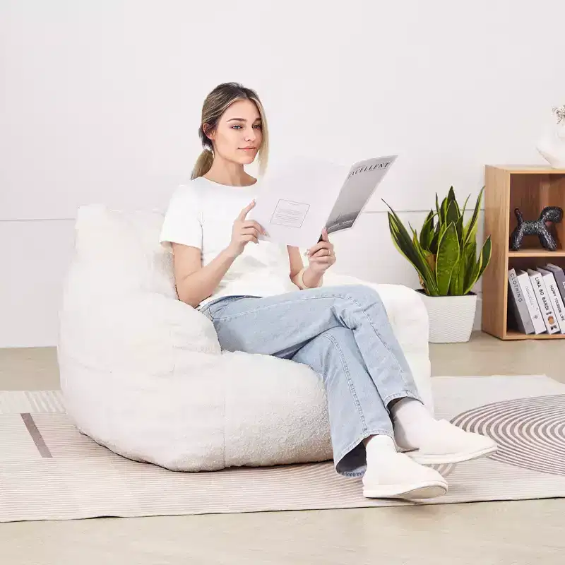 VEVOR Bean Bag Chair, 3 feet Bean Bag Chair with Soft Armrests and Storage Pocket, 25D Memory Foam Filled with Soft Teddy Velvet Cover, White