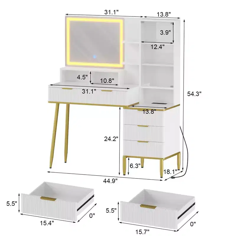 GustoWave Fluted Vanity Desk with Mirror and Lights, Makeup Vanity Desk with 5 Drawers,3 Color Adjustable Lighting, Power Outlet, Dressing Table