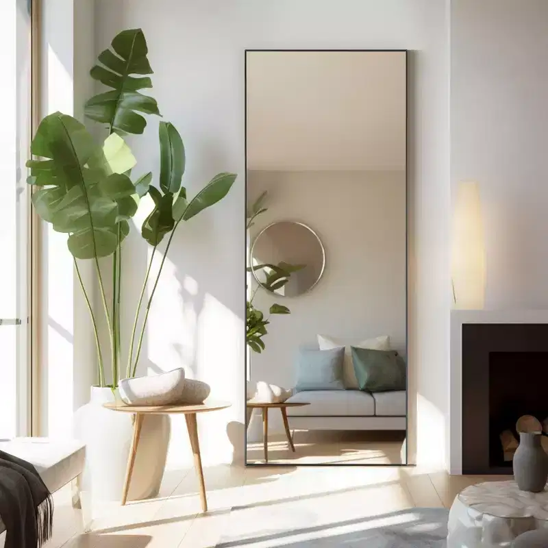 64 Inch Right Angle Floor Standing Full-Length Mirror, Wall Mirror with Bracket Aluminum Alloy Thin Frame