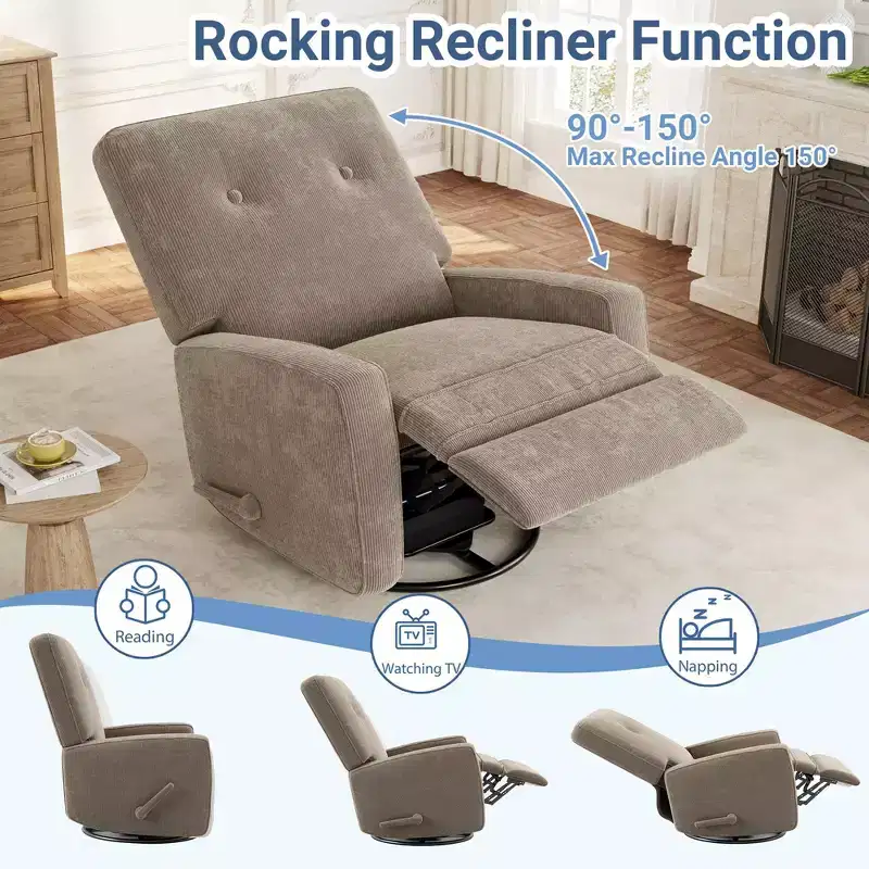 Manual 360 Swivel Rocker Recliner Chair, Overstuffed Glider Chair with Side Pockets, for Living Room, Bedroom, Office