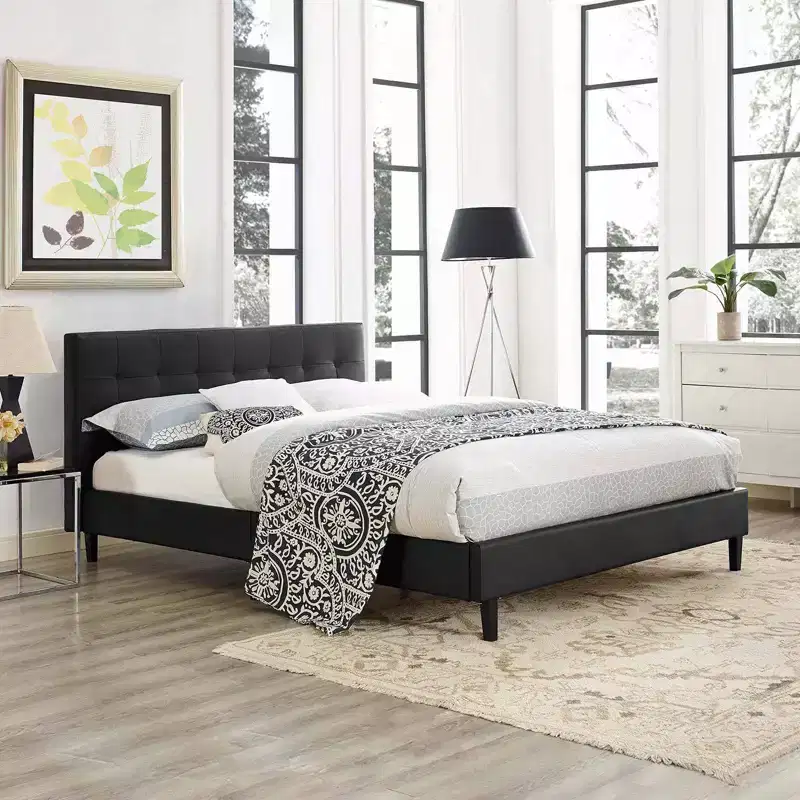 Faux Leather Platform Bed Full Black – Tufted Headboard, Reinforced Support