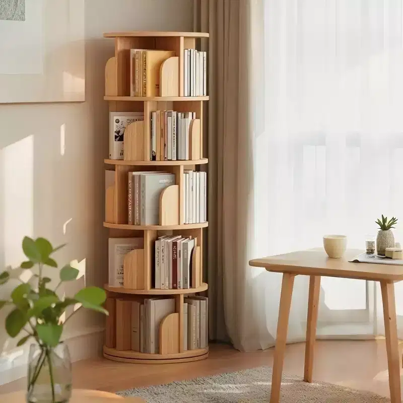 Modern 360 Rotating Bookshelf, Floor-Standing 5-Tier Natural Corner Bookcase for Small Spaces, Round Display Shelf for Living Room-Panipeachy