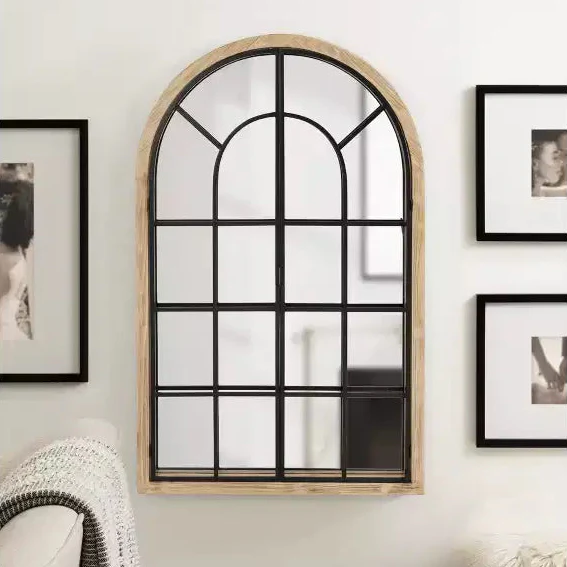 26 x 42-Inch Wood/Metal Arched Windowpane Mirror (Natural Wood Finish): Transitional Farmhouse Style