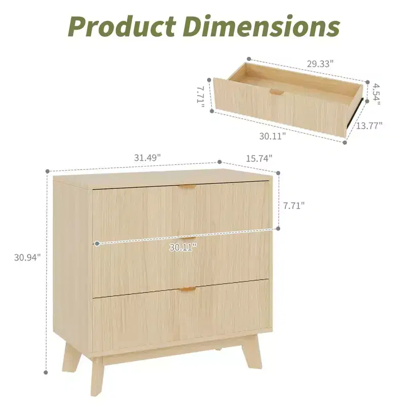 Fluted 3 Drawer Dressers, Modern Closet Dressers Chest of Drawers, Wood Storage Dresser Chest of Drawers Organizer
