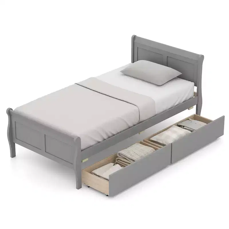 Costway Twin Size Bed Frame with 2 Storage Drawers Wood Platform Bed with Headboard Beige/White