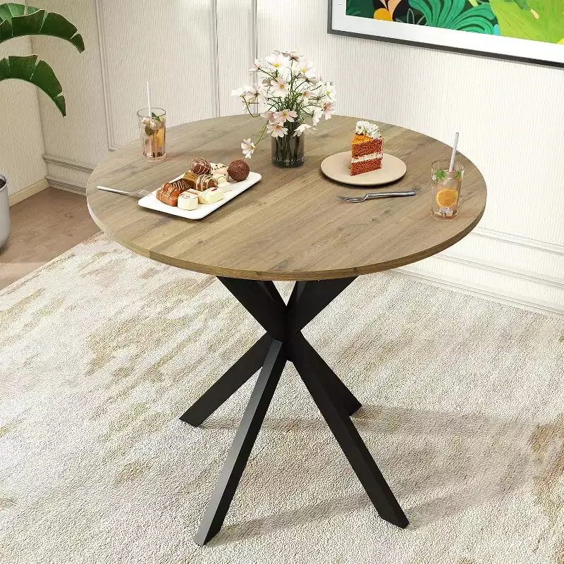 Zevemomo Round Dining Table, 31.5 Small Dining Table for 2-4, Round Kitchen Table with Metal Black Legs,for Kitchen, Apartment, Living Room, Brown
