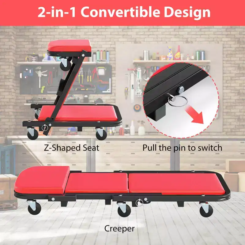 Rolling Folding Z Creeper Seat with 6 Swivel Casters, Heavy Duty Metal Frame Black + Red/Black