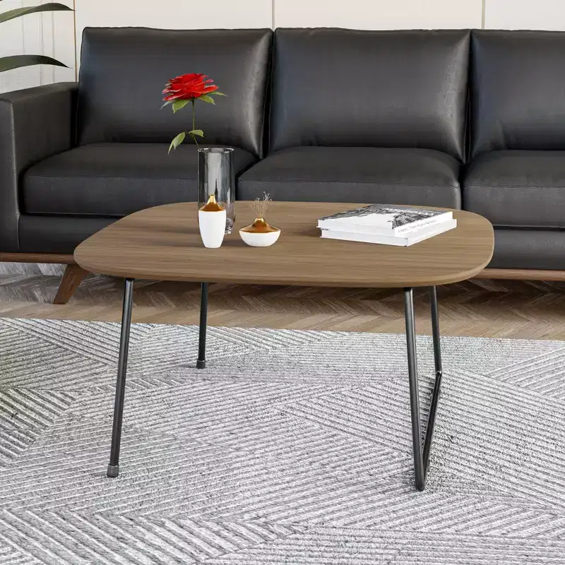 LeisureMod Pembroke Mid-Century Modern Square Coffee Table with Wood Top and Powder-Coated Iron Frame, Natural Wood
