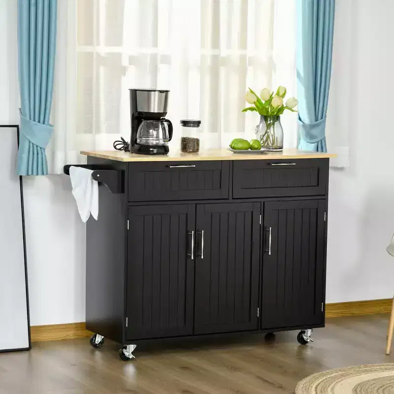 Mobile Kitchen Island with Storage, Kitchen Cart with Wood Top, Storage Drawers, 3-door Cabinets, Adjustable Shelves and Towel Rack