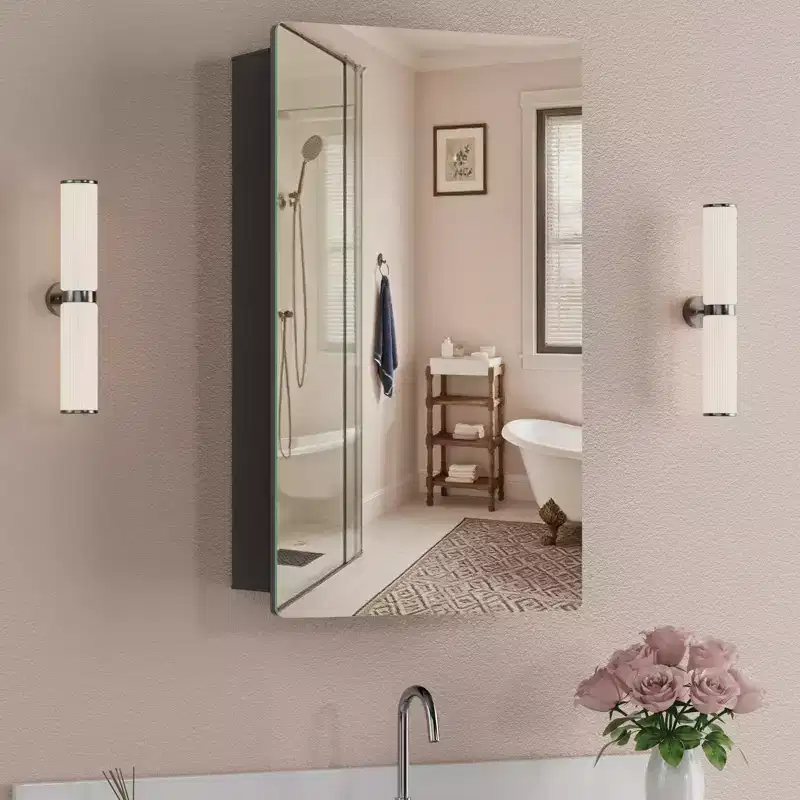 Modern Rounded Corner Metal Frame Medicine Cabinet with Mirror Door,Wall Mounted Bathroom Cabinet