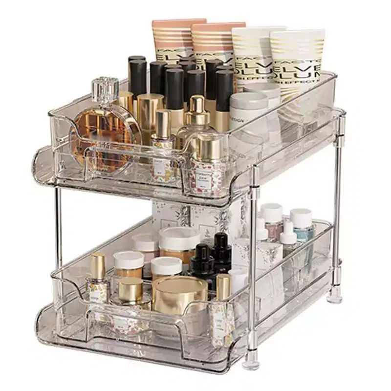 Pull Out Makeup Organizer, 2-Tier Clear Slide Out Shelves with Dividers, 8. 3W11. 4D8. 6H for Kitchen/Bathroom