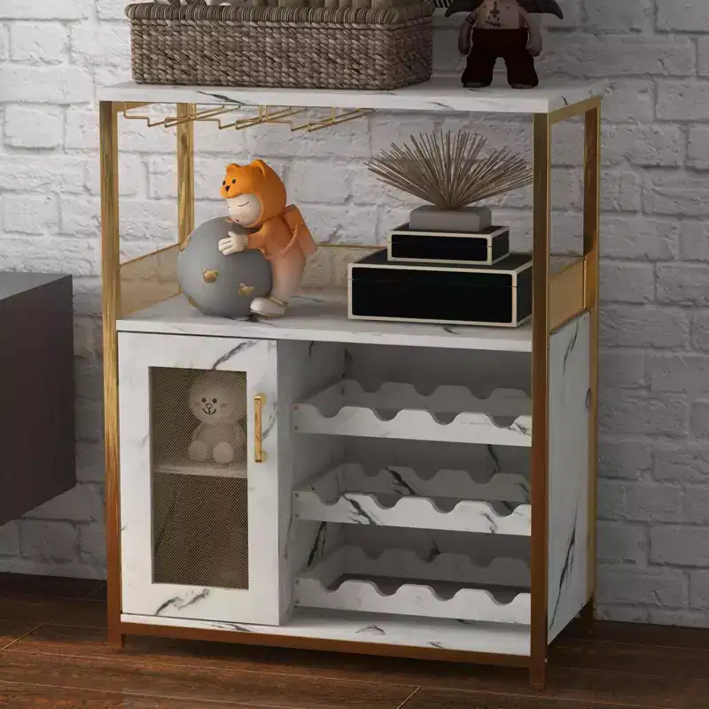 70 x 35 x 92 cm 3-layer Industrial Cabinet, Detachable Wine Rack, Adjustable Shelves and Mesh Door,Kitchen, Living Room and Bar, Gold Color