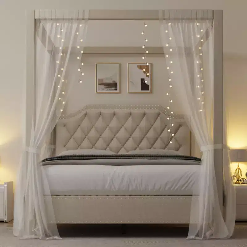 Beige/Grey Velvet Canopy Bed Frame with Nailhead Headboard for 1