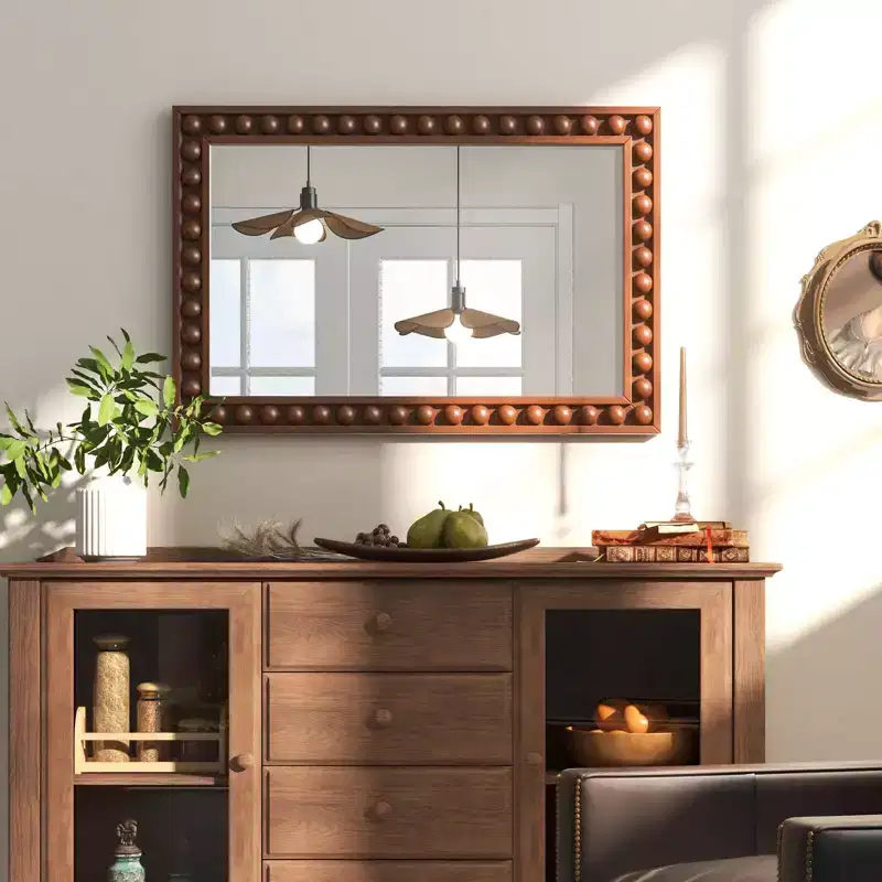 Costway 24 x 36 Rustic Decorative Wall Mirror with Solid Wood Frame Beads for Living Room Brown/White