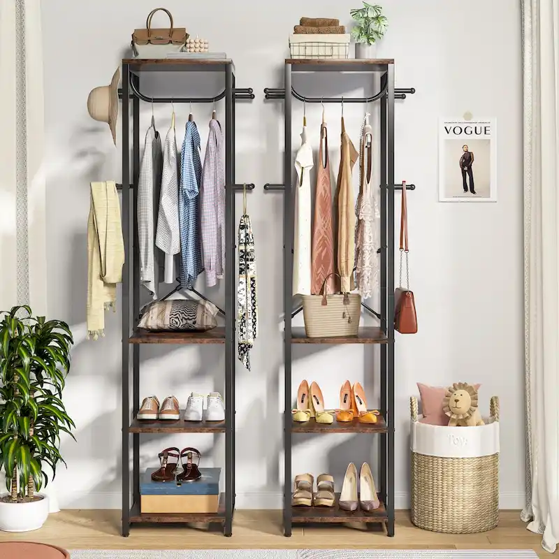 Freestanding Coat Rack with Shelves, 4 Shelves and 8 Hooks