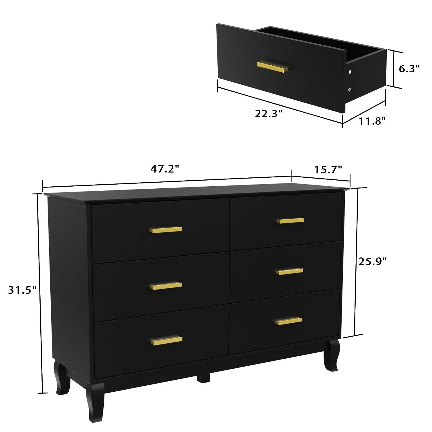 Timechee 6 Drawer 47.2W Double Dresser Solid Wood Legs Lacquer Chest