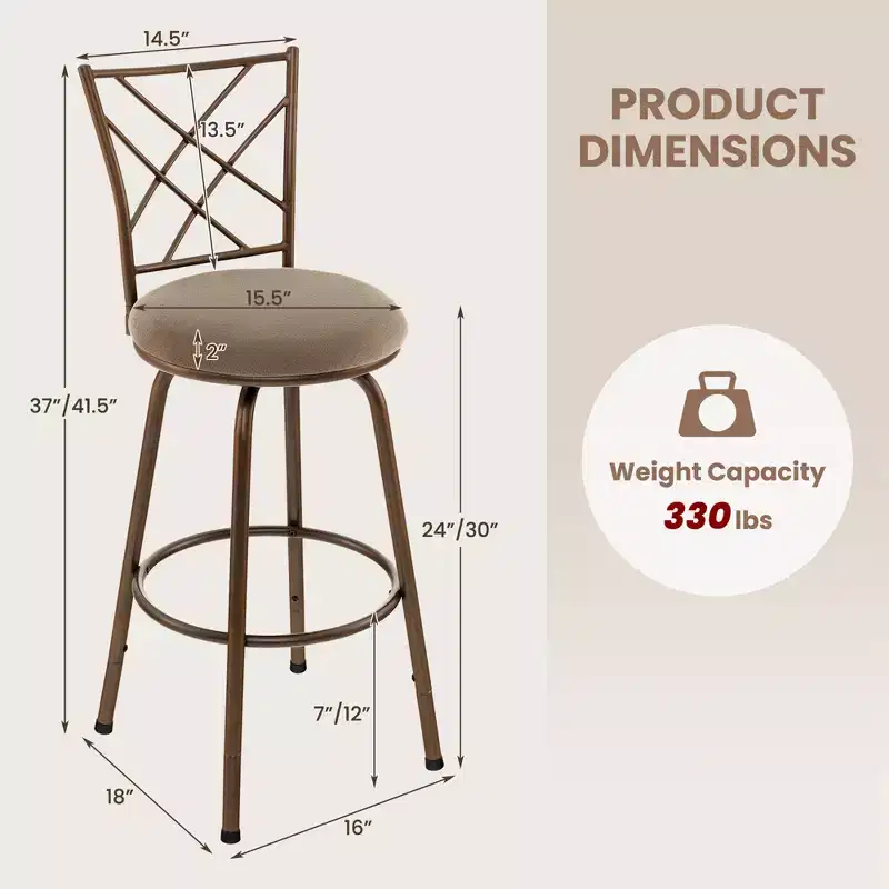 Costway Set of 2 24/30 Inch Adjustable Swivel Barstools Metal Dining Chairs Brown