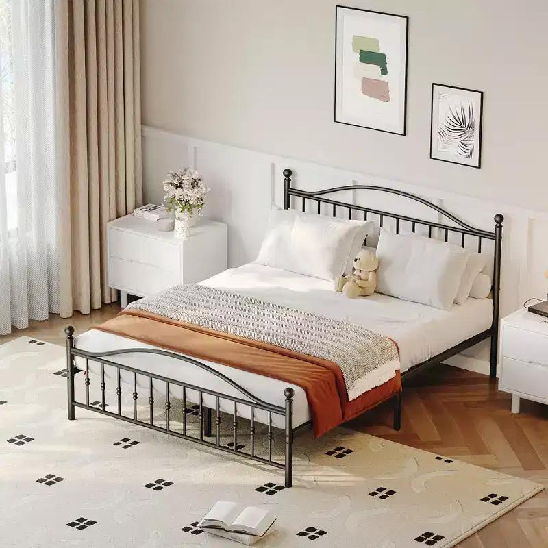 Queen Size Metal Platform Bed Frame with Vintage Circular Headboard and Footboard, Heavy-Duty Iron Frame, No Box Spring Needed, Noise-Free Design