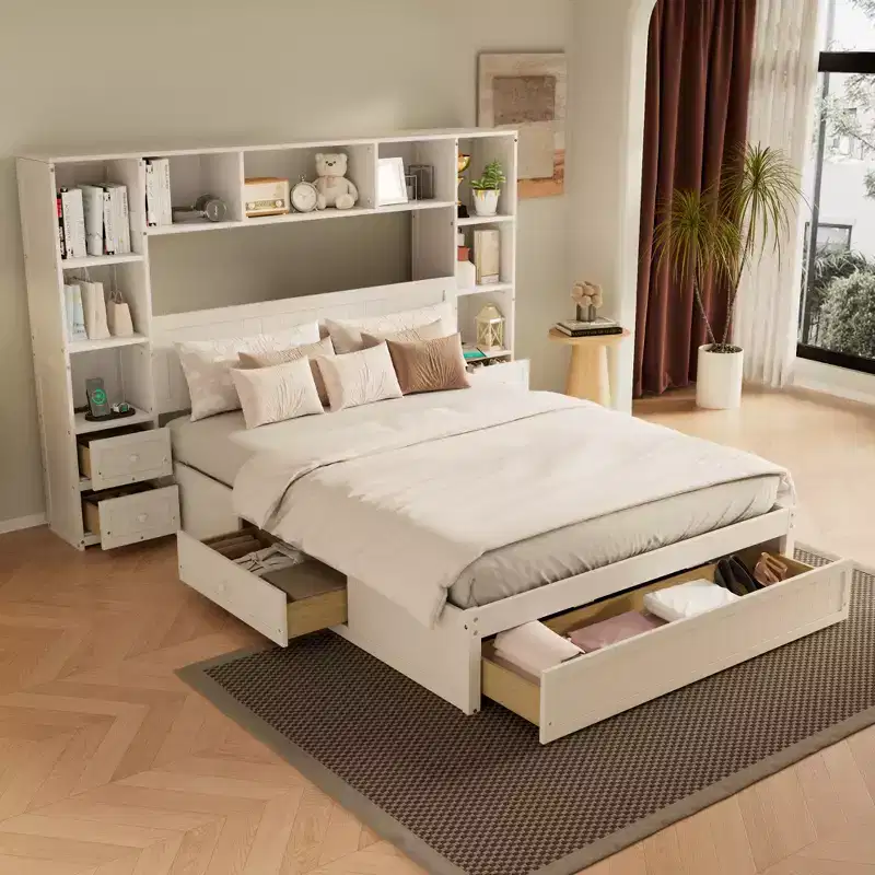 GDFStudio Rose Full Size Pine Wood Platform Bed with Nightstands and Bookcase Cabinet
