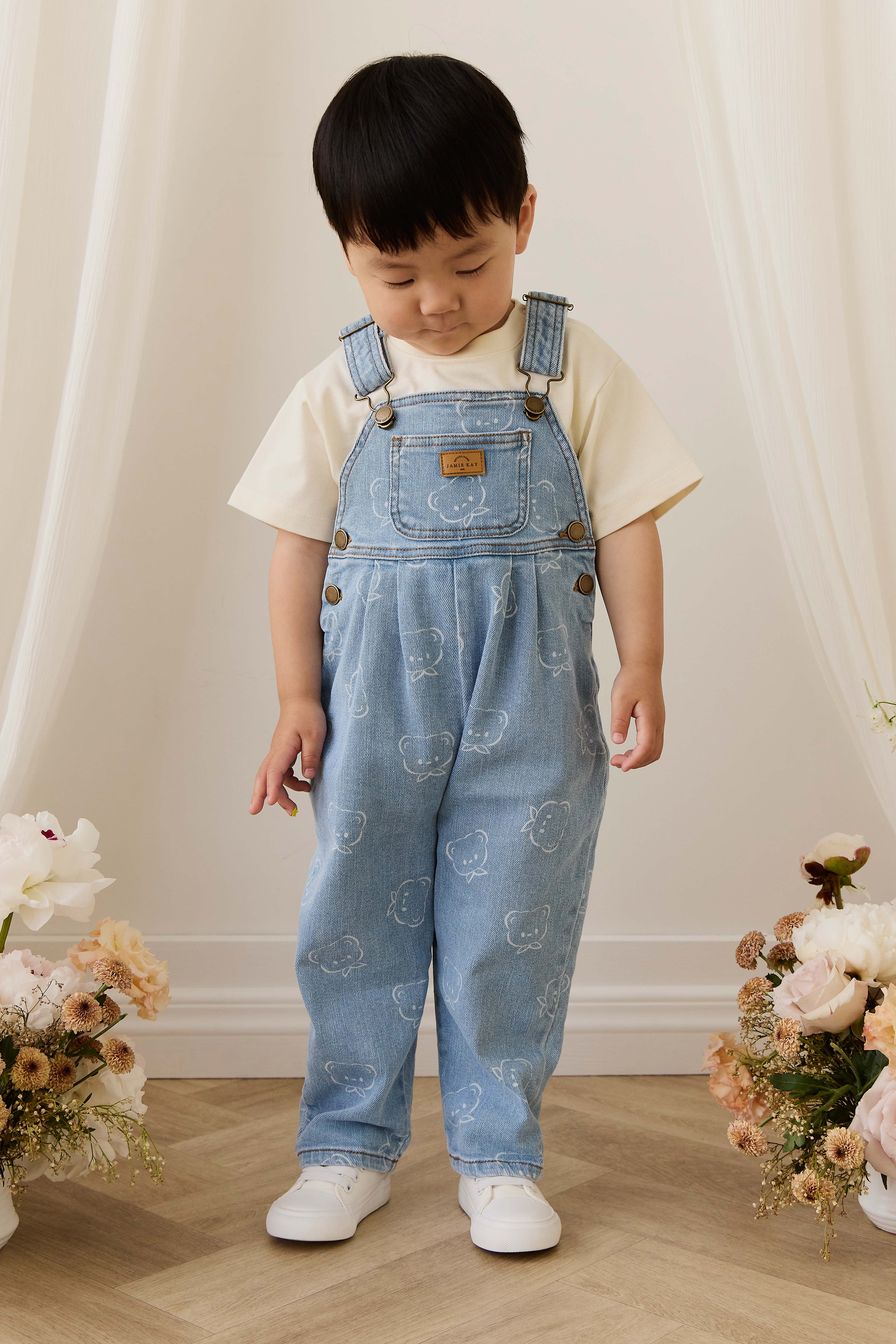 Casual Light Blue Denim Print Cotton Overall with Adjustable Straps & Bib Pocket for Kids 6M–6Y