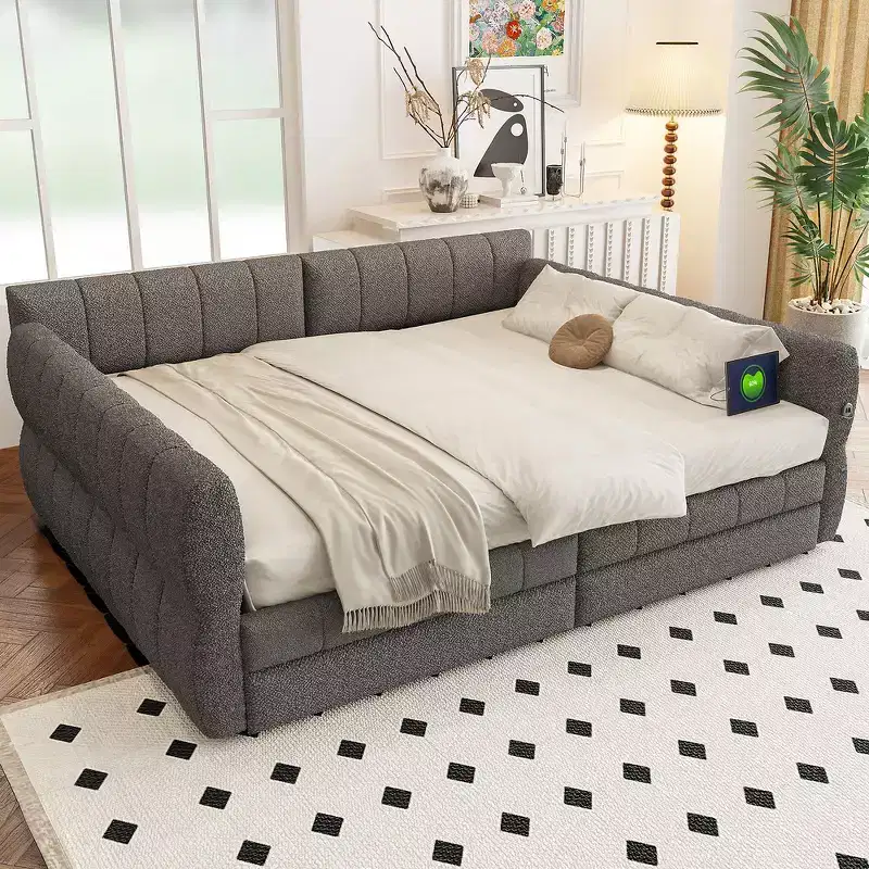 King Size Upholstered Platform Bed with USB and 2 Drawers
