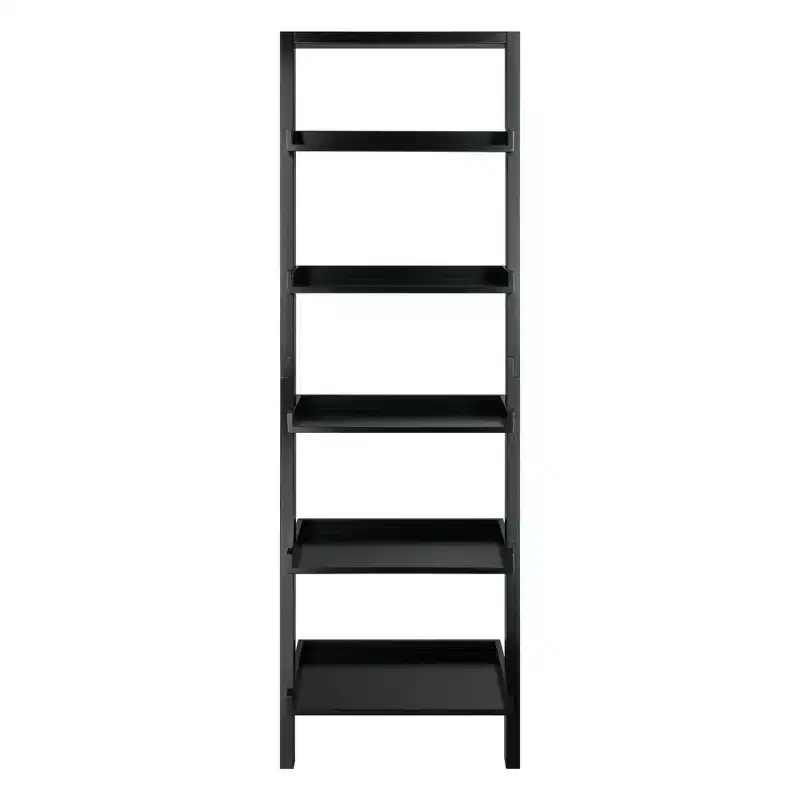 Black 5-Tier Leaning Shelf – Contemporary Wood Bookcase for 1