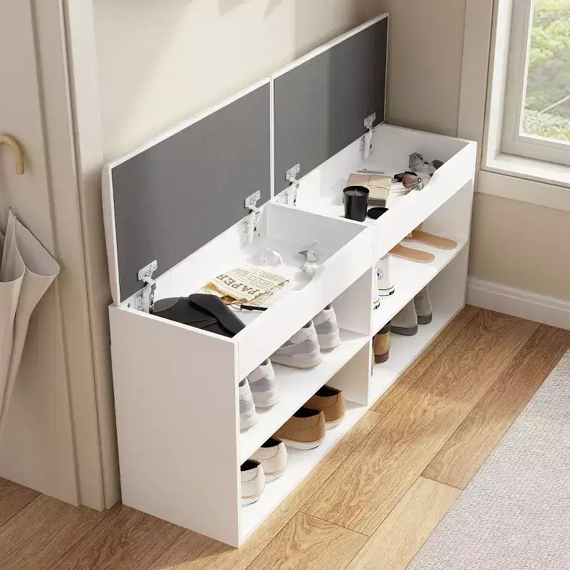 Wooden Shoe Cabinet with Cushions Open Shelves White