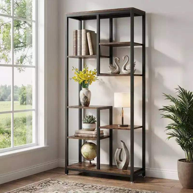 MAYEERTY 8-Tier Staggered Industrial Bookshelf, Vintage Wood Grain & Black Metal Frame Bookcase