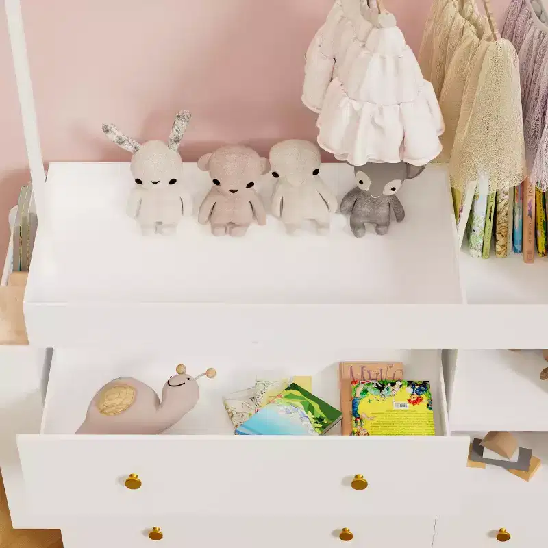 Modern Table Dresser,Baby Dressing Table with 3 extra deep Drawers and Storage Shelves and Hangers