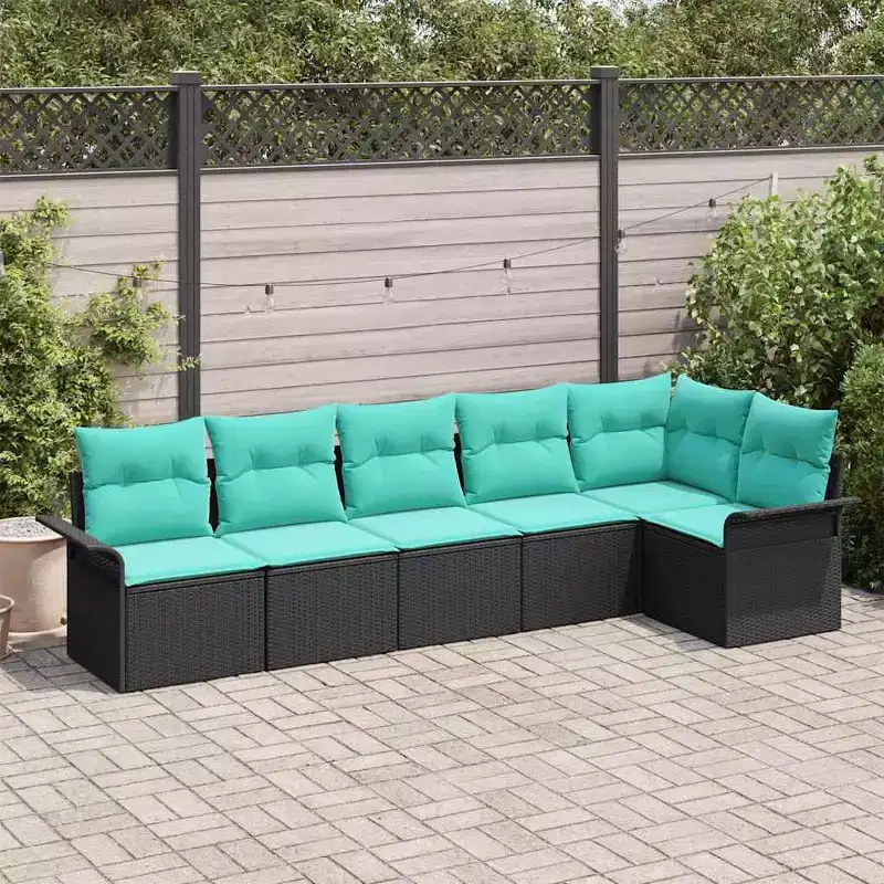 vidaXL Garden Sofa Set with Cushion 6 pcs Black Poly rattan - Black and Turquoise without table