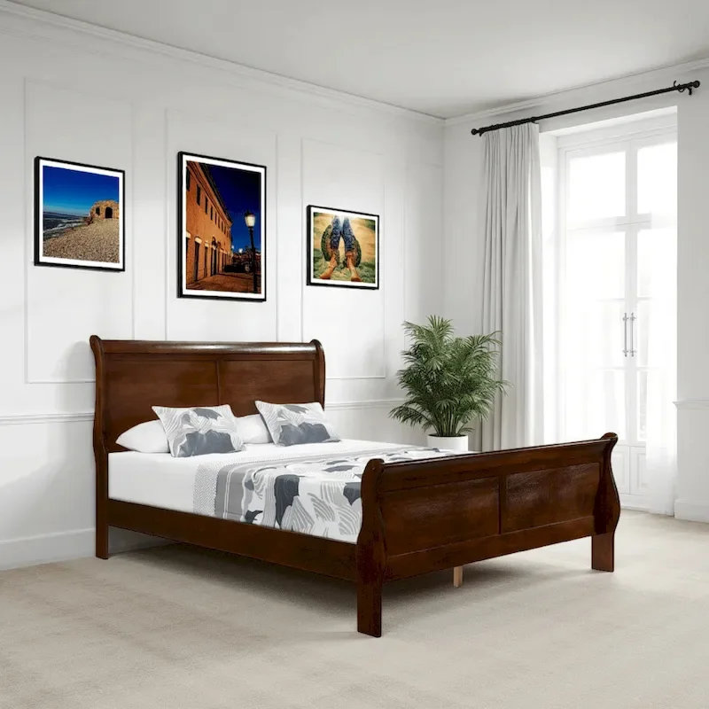 Traditional Queen Sleigh Bed, Wood Frame, Rich Brown Cherry Finish