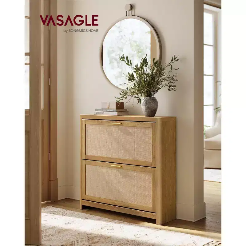 VASAGLE ELLAN Collection - Boho Shoe Storage Cabinet for Entryway Slim, Entry Shoe Cabinet with Rattan-Look Flip Drawers, Rounded Corners