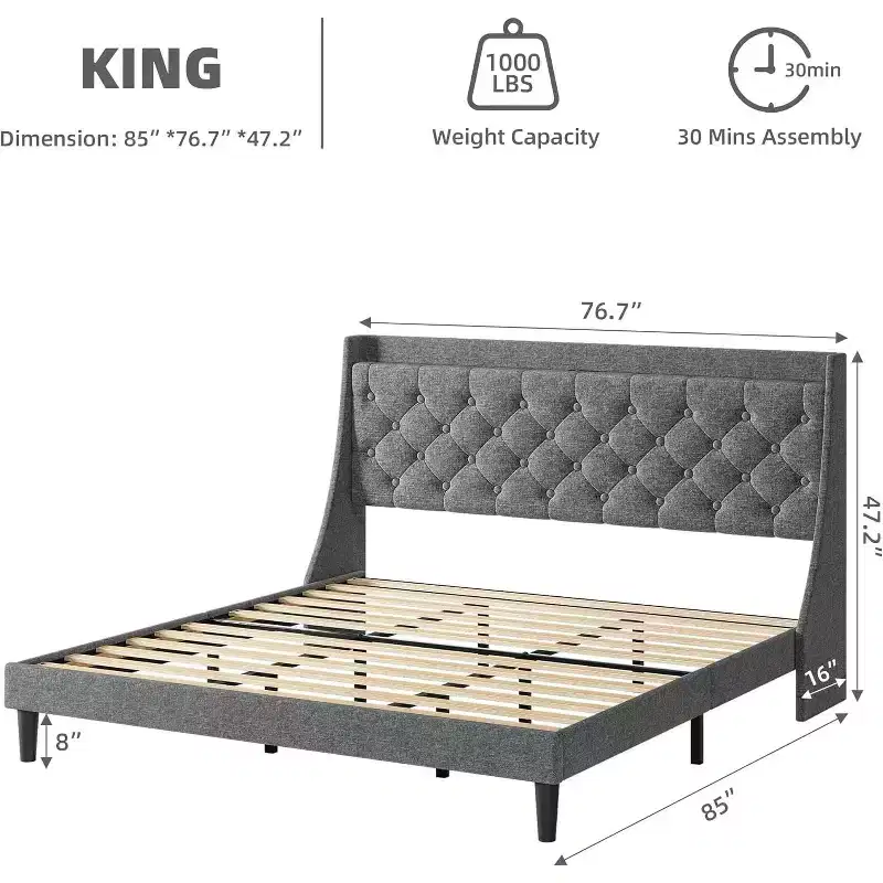 Modern King Upholstered Bed - USB Charging Headboard with Storage, Button Tufted & Noise-Free, No Box Spring (Dark Gray)