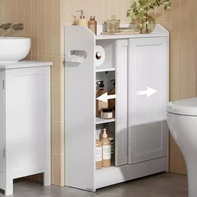 Slim Bathroom Storage Cabinet, Toilet Paper Holder and Brush Compartment, Sliding Doors, Adjustable Shelves
